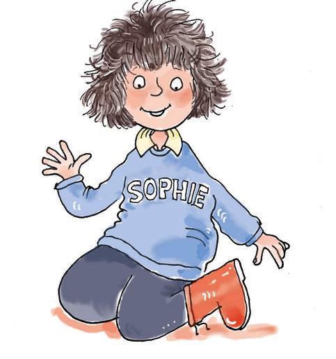a jumper with her name on it, jeans and red boots (messy hair!