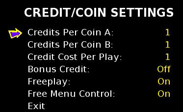 4 Sound Test on page 23 for help diagnosing sound problems.) 3.3.4 Credit/Coin Settings The Credit/Coin Settings menu allows you to set how many credits a coin drop is worth.