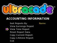3.5 Accounting Information Menu The Accounting Information menu allows you to access current and lifetime coin totals for each game installed on your system. 3.5.1 Sort Reports By You can select from several options for listing the games on the earnings and time reports.