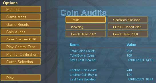 Coin Audits The Coin Audit menu shows the total number of coins collected for each game, and for the total cabinet, as well as the last date and time the stats were
