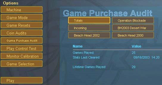Game Purchase Audit The Game Purchase Audit menu shows the total number of Games Played for each game, and for the total cabinet, as well as the last date and time