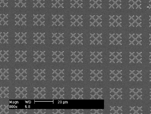 Fig. 2 An SEM image of the Stage 2 fractal cross dipole FSS elements. The primary cross length is 17 µm and secondary cross length is 7 µm. pressure chemical vapor deposition (LPCVD).