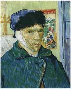 His right ear is bandaged in the portrait though in reality the wound was to his left ear; the discrepancy is due to his painting while looking at a mirror image.