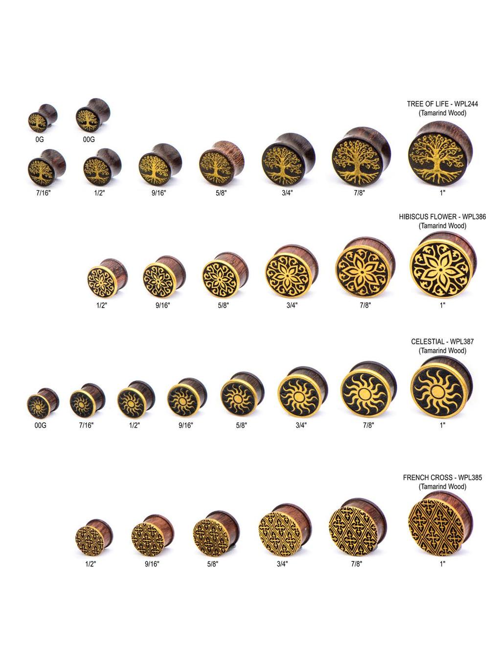 ORGANIC WOOD PLUGS Gold Foil Painted Designs.