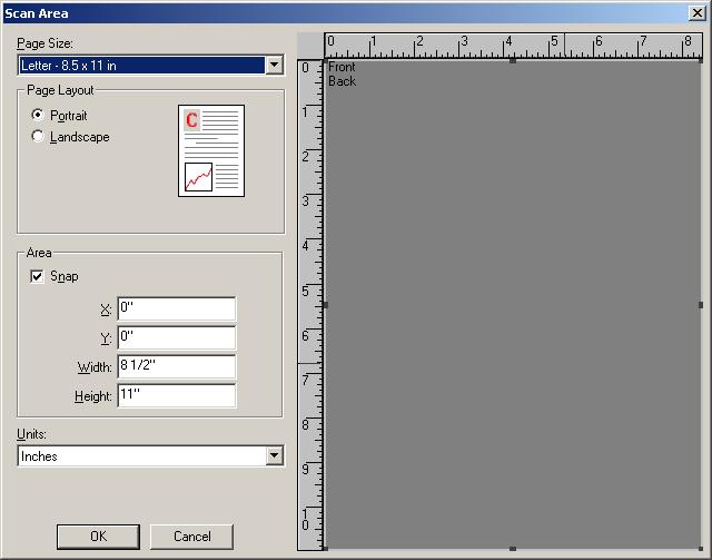 NOTE: The Scan Area dialog box is only available when Fixed to Transport, Relative to Document, or Photo with ROI is selected on the Main tab.