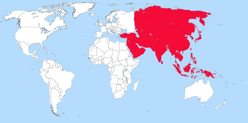 Asia Find the continent of Asia on the map showing the countries of the world. Asia is now colored red.