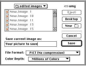7 Saving and Printing PhotoEnhancer saves pictures in standard Macintosh file formats including TIFF, JPEG, PICT, and the native format for the camera, KDC.