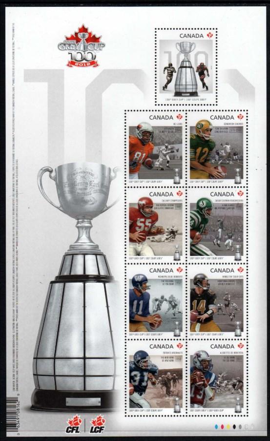 PAGE 5 2012 100TH GREY CUP GAME, CFL TEAMS 2567 (61 ) 100th Grey Cup Game, Miniature Pane of 9, WA 12.