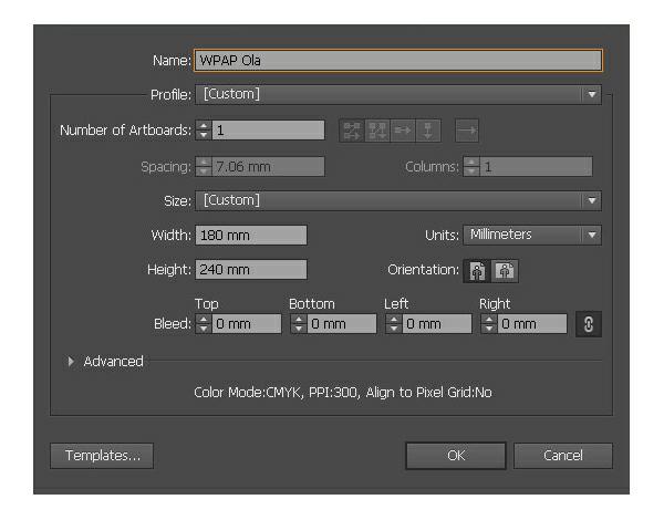 Step 2 Open Adobe Illustrator and create a New document (File > New). Set the size and other settings as shown below.