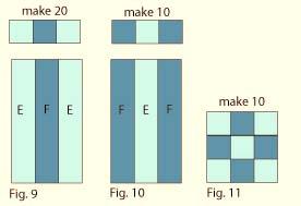 5) Place one 2 ½ Fabric G square on the left side of the one 2 ½ x 6 ½ Fabric D strip, right sides together (Fig. 4).