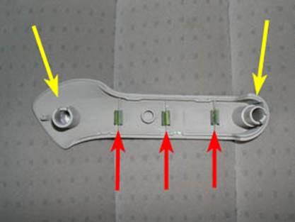 The handle piece is attached to the door panel with three medium Phillips screws (red arrows) and the door panel is secured to the door with 2 large Phillips screws (yellow arrows).