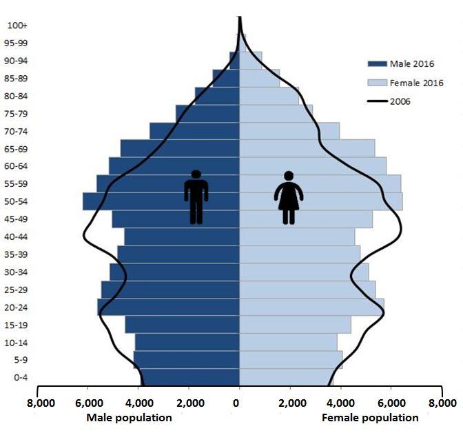 Figure 2: Kingston CMA Population Pyramid, 2016 and 2006 In 2016, Kingston CMA s ratio of males to females was 95 males for every 100 females. This ratio tends to decrease as age rises.