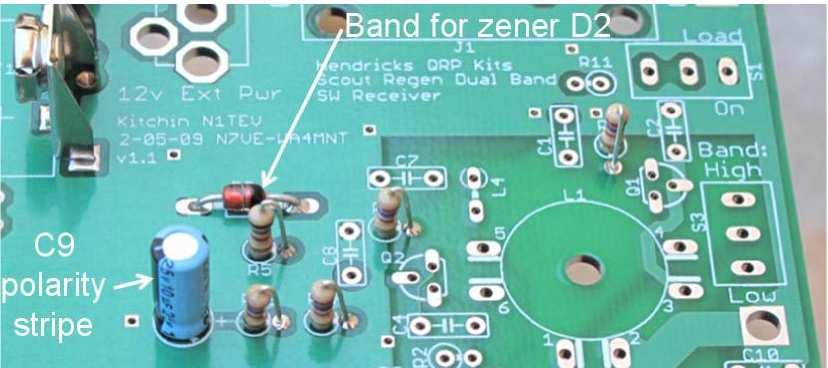 Polarity of D2 and C9 Install fl D2 6.8v zener diode. Make sure the diode bands are oriented as shown above. The diode body should be mounted flush with the surface of the board.