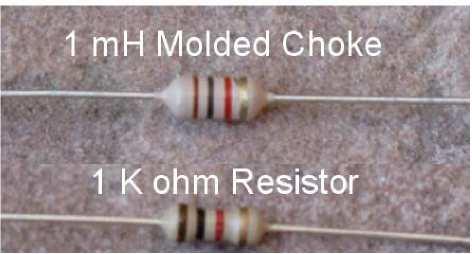 Figure 37. Comparison between a 1K resistor and a 1 mh molded choke Caution: The next step installs a 1K resistor (Brown/Black/Red/Gold).