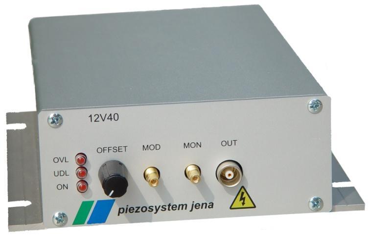 12V40 piezo-amplifier closed casing 12Volt power supply excellent cost effectiveness small dimensions application: driving piezoelements space-saving format OEM-applications Abb.