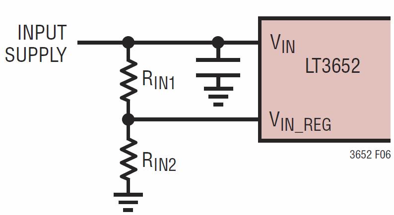 to monitor the minimum amount of voltage coming into the MPPT. The input supply voltage regulation is controlled via the voltage divider resistor R IN1 and R IN2.