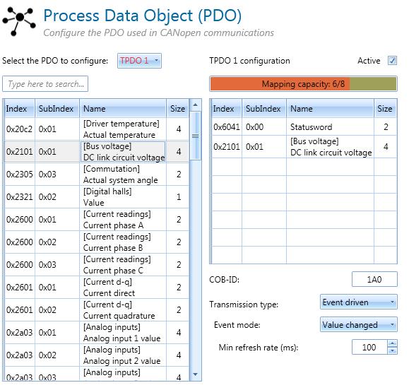 10. PDO (PROCESS DATA OBJECT) This page can be used to configure Process Data Objects (PDO). It is possible to configure up to 4 TPDO and 4 RPDO.