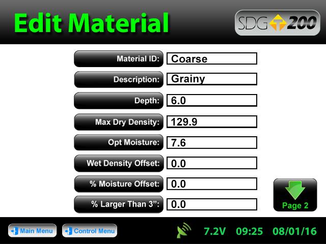 Defining and Editing a Material From the Control Menu, press Material to enter the Material Details screen.