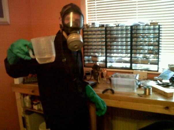 I am using very strong Acid. This is 97% Sulphuric acid, and pretty nasty too. Hence why i am wearing chemical rated gauntlets, a gas mask, and overalls.