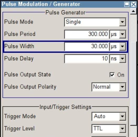 Pulse Profile Measurement Setting up the pulse modulation of the SMF Define Pulse Generator adjustment defines the parameter of the pulse that is generated. 1.