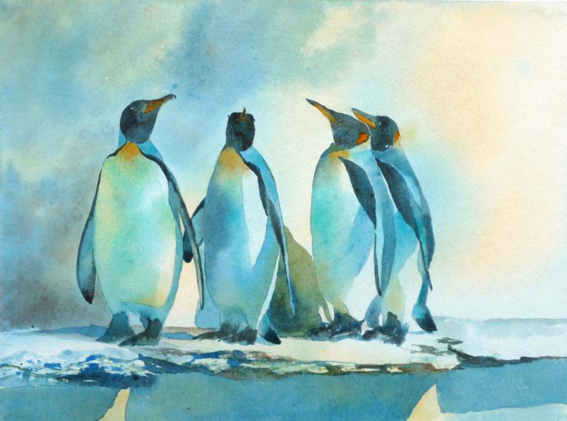 Penguins using Water Colour Washes The Lunch Queue 27cms x 35cms Introduction I received my first proper wooden paint box when I was 16, it contained 16 Winsor and Newton half pan Paints and I loved
