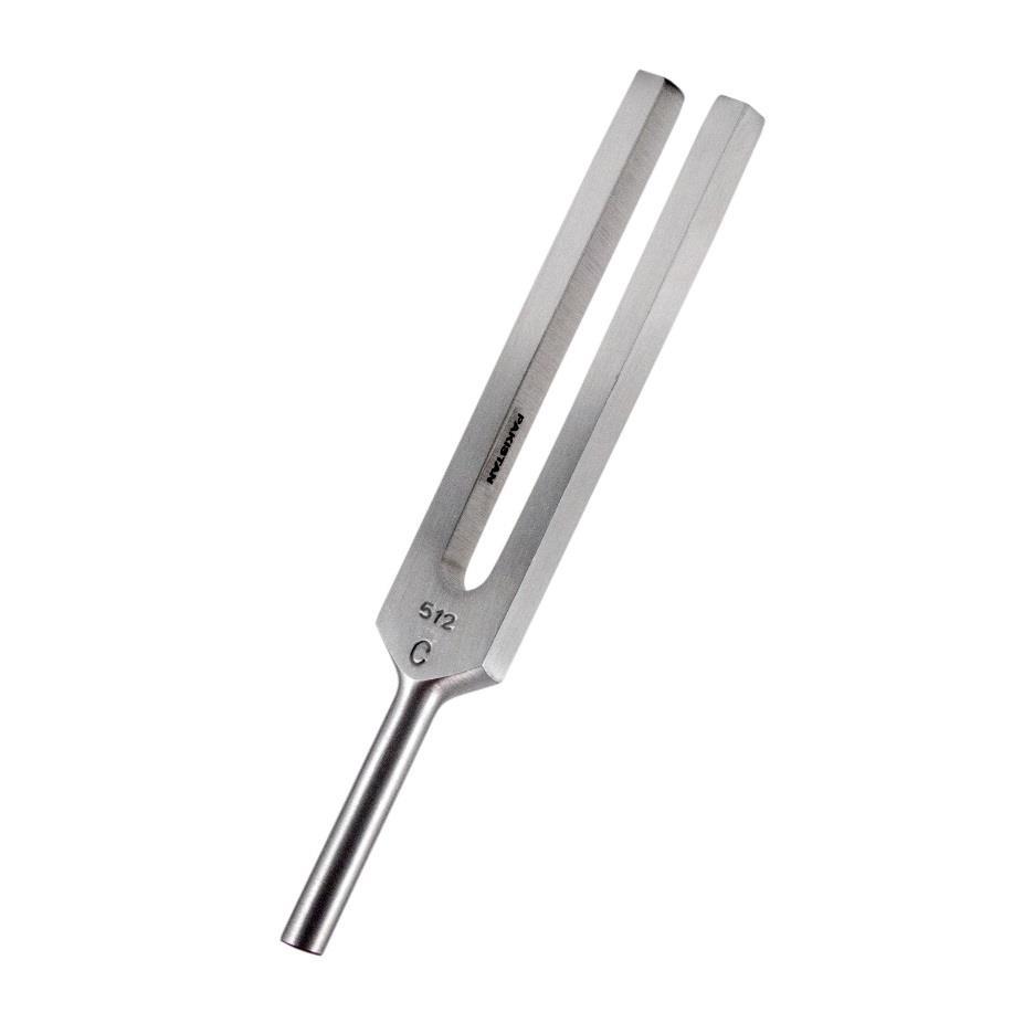 tuning fork A 2-pronged metal fork that, when struck, produces a pure note of constant
