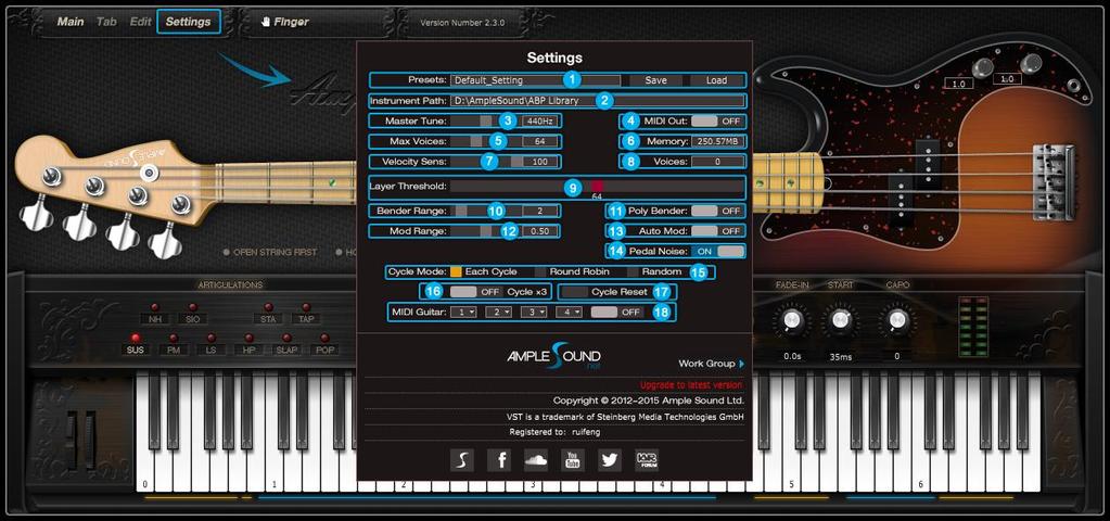2 Parameters Setting 2.1 Overview of Settings Panel 1. Save/Load Preset 2. Instrument Path Setting 3. Master Tune 4. MIDI Out 5. Max Voices 6. Real Time Memory Display 7. Velocity Sensitivity 8.