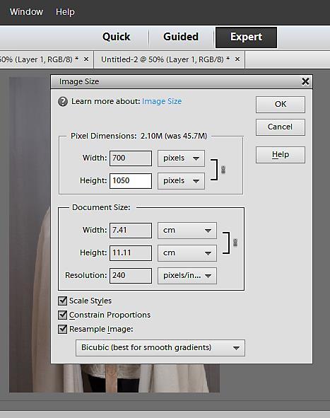 22 Changing pixel size in Elements For portrait images change the height to 1050 the width