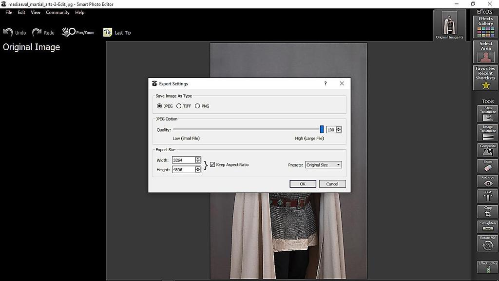 55 Changing pixel size in Smart Photo Editor In the new box check the button next to JPEG is selected & Quality is at 100
