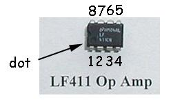 LF411 op-amp The op-amp has eight pins: pins 1-4 on one side and pins 5-8 on the other side. Pin 1 is conventionally marked by a dot on the op-amp.