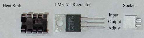 Figure 12: Heat sink, LM317T voltage regulator, and socket Potentiometer A resistor network one variable resistor (a 5000Ω potentiometer, or " 5k pot") and one fixed resistor ( 390Ω, 12W ) serves to