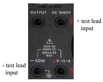 Figure 15: Test lead inputs to multimeter for 1 K range Insert the 2N3055T transistor into the clip on heat sink. Insert the transistor into the transistor socket.