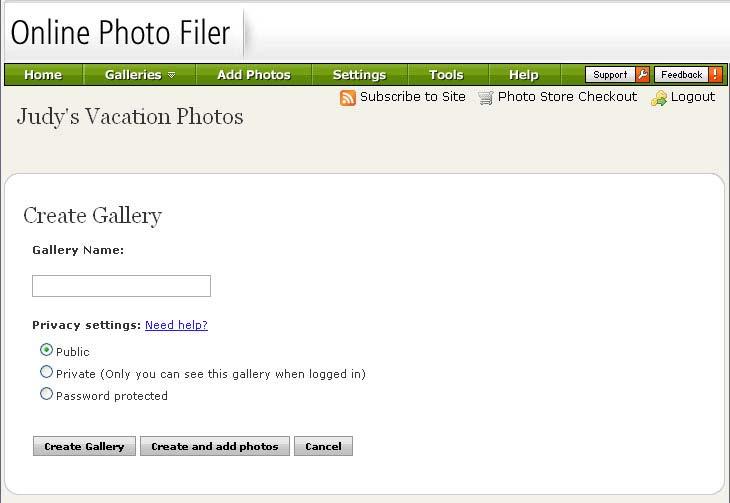 Online Photo Filer Tour Creating Galleries Online Photo Filer allows you to create photo galleries that you can use to organize your photos.
