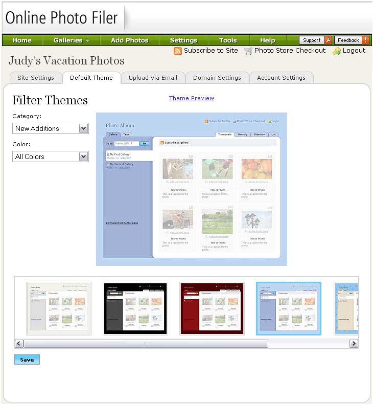 Selecting a Web Site Theme You can select a theme to establish the look and feel of your photo album Web site, and you can select a theme for each of your galleries.