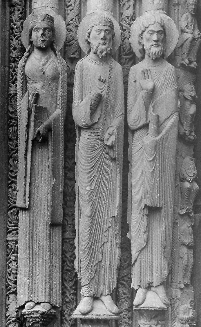 Old Testament queen and two kings jamb statues, doorway of