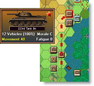 The infantry unit in the minefield does not have enough movement points to fire at the enemy. Notice the movement points as shown in the unit box are at zero.