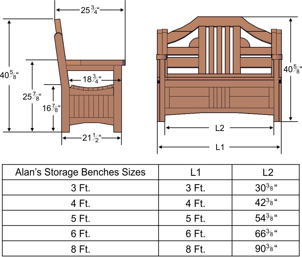 SPECIFICATIONS: DIMENSIONS & DRAWINGS Note: 8' L benches come with thicker backrest timbers, instead of the standard 1 3/4" thick, we use 2 1/4" thick timbers