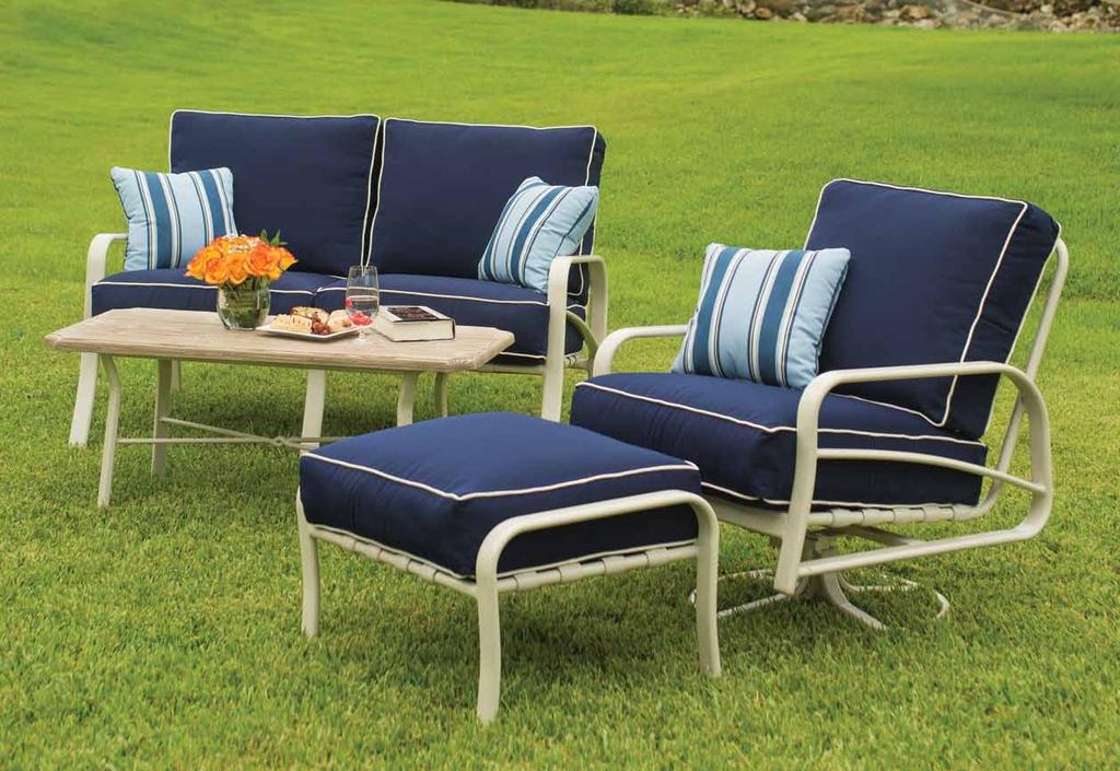 Montego Bay Deep Seating Aluminum Cushion Finish: SAND Fabric: C167, B103, B92 Welt Table: Chapparell (discontinued) Cushion Style Shown: Box & Welt (available for an up-charge) Montego Bay Deep