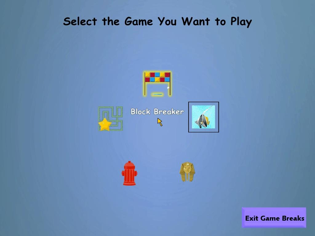There are two ways to begin a Game Break. You can click on the Game Break button, located above the Help button. The Game Break button will take you to the selection screen below.