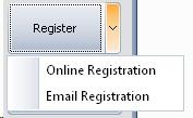 Register - Upon clicking the arrow next to Register, a drop down menu appears with two options: Online Registration and Email Registration.