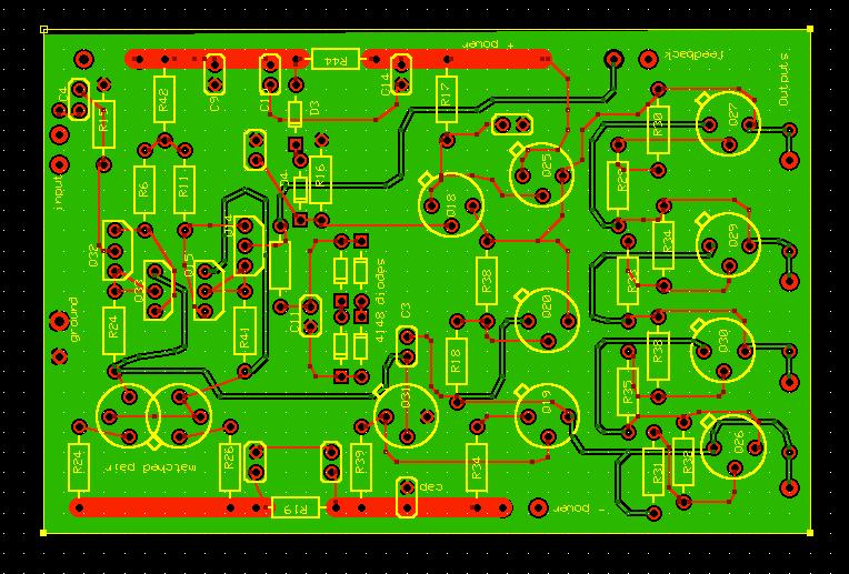 Figure 40: Proposed PCB layout, includes ripple voltage protection The output stage remained largely unchanged from beginning to end, note that it is key to use large enough emitter degeneration