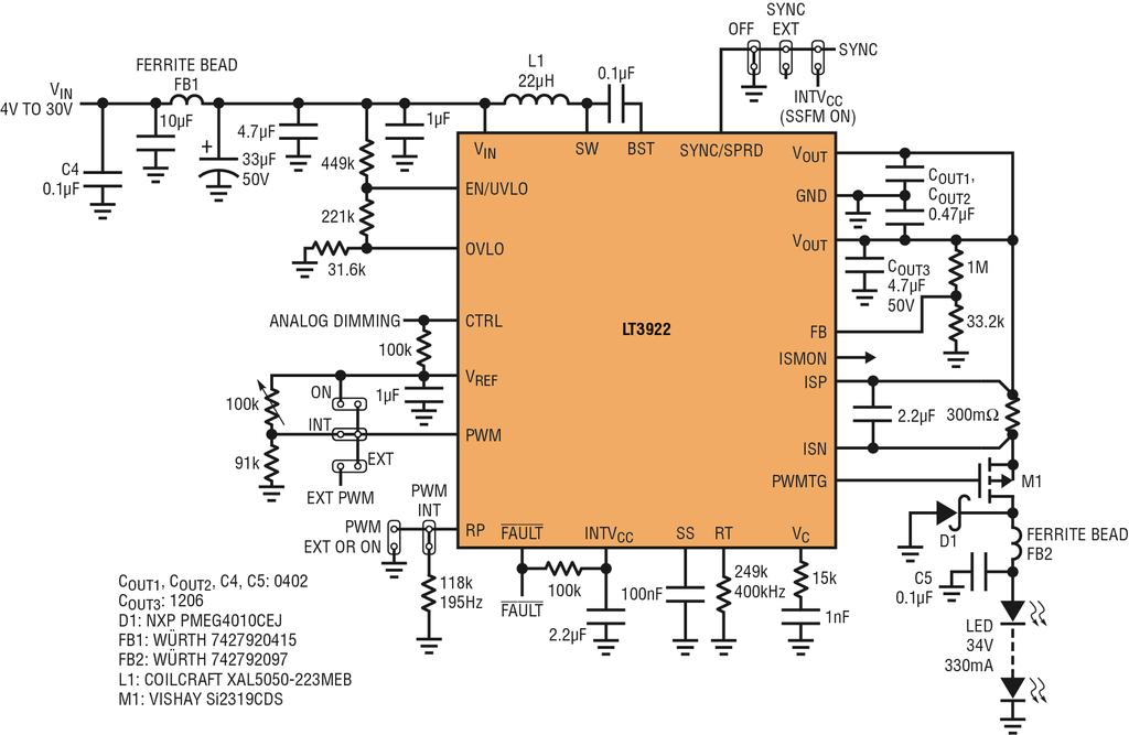 Figure 4. 400kHz automotive boost LED driver with filters for low EMI and option for 100%, 10% or 1% internally generated PWM dimming.