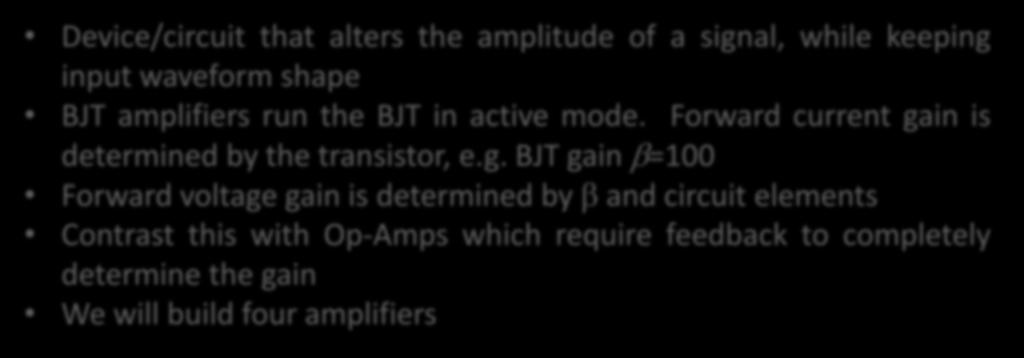 BJT Amplifier Device/circuit that alters the amplitude of a signal, while keeping input waveform