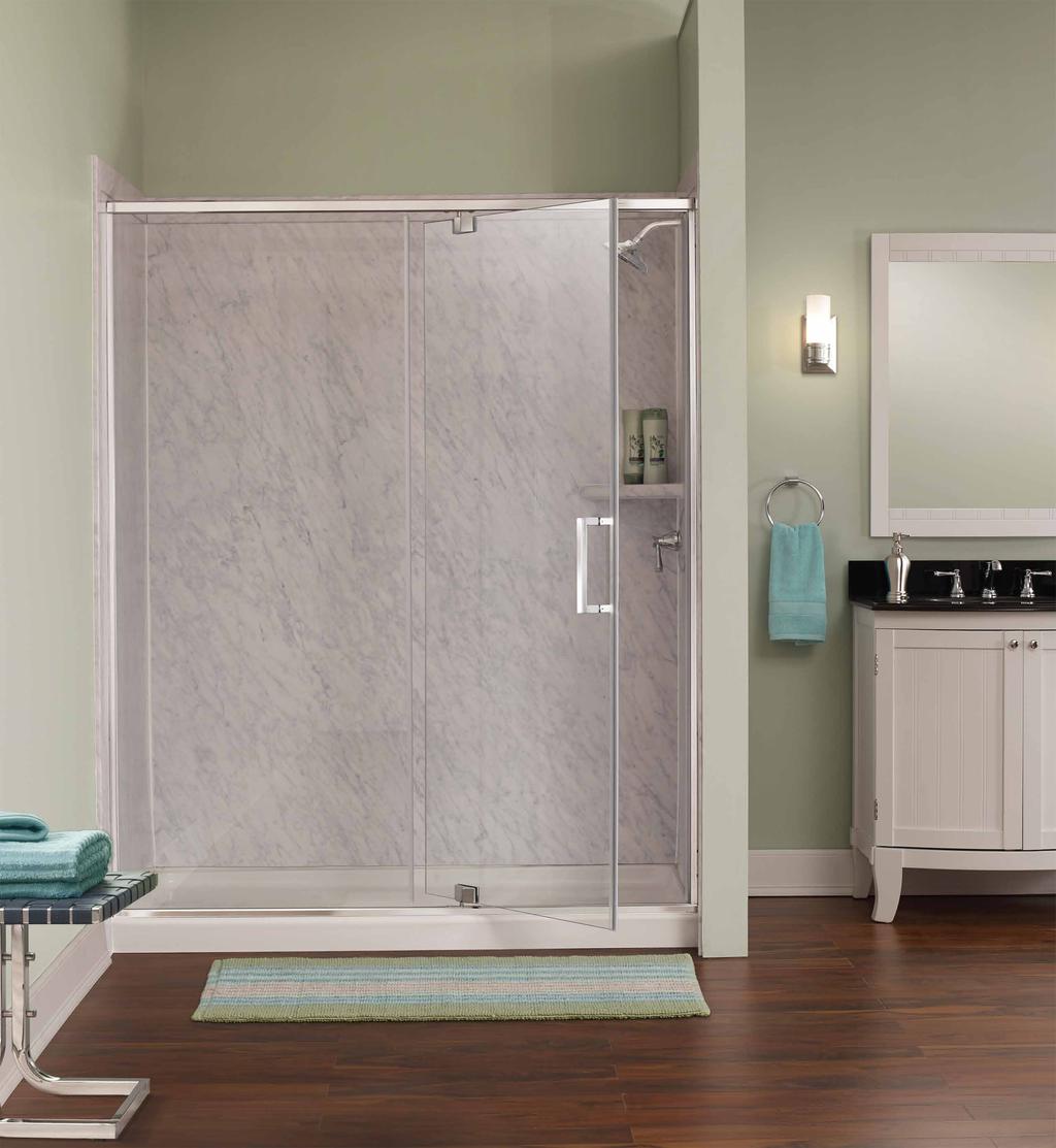 MARINA COLLECTION 3/8" Frameless Pivot Shower Door & Inline Panel FEATURES 3/8" tempered safety glass Through-the-glass mitered handle and hinges in coordinating finish An elegantly styled header