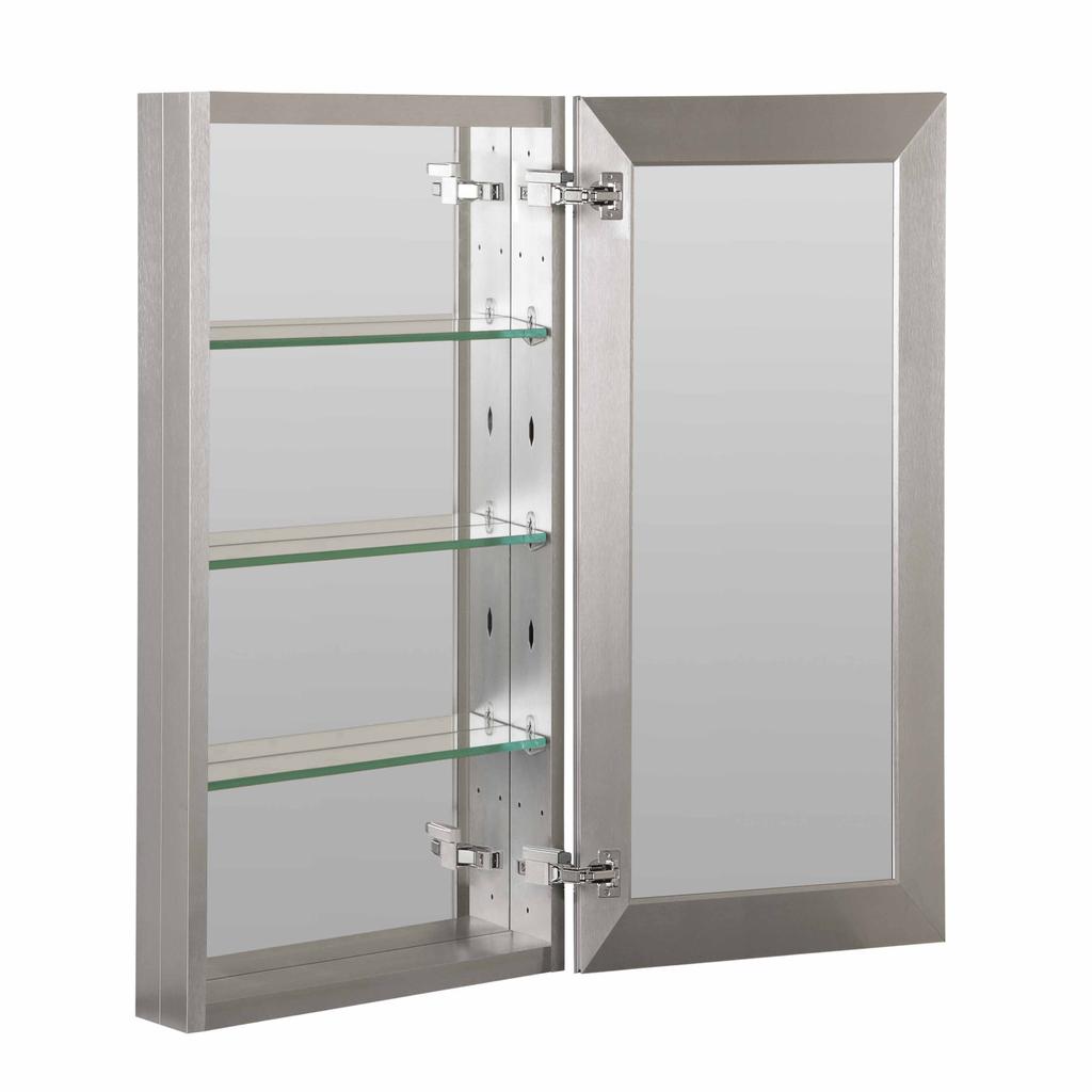 streamlined appearance Coordinating metal side panels included for surface mounting Mirrored interior Slow close door hinges Assembled dimensions 15" W x 4⅝" D x 36" H $349.00 33 LB.