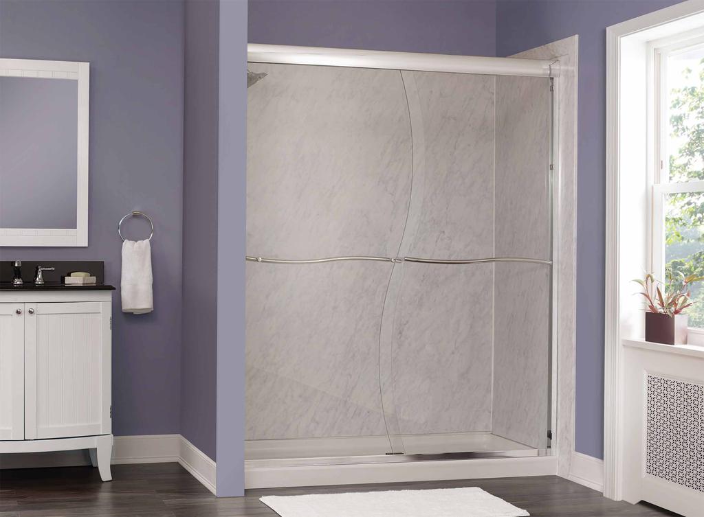 MARINA COLLECTION 3/8" Frameless S-Cut Sliding Tub and Shower Doors FEATURES 3/8" tempered safety glass Through-the-glass decorative towel bars