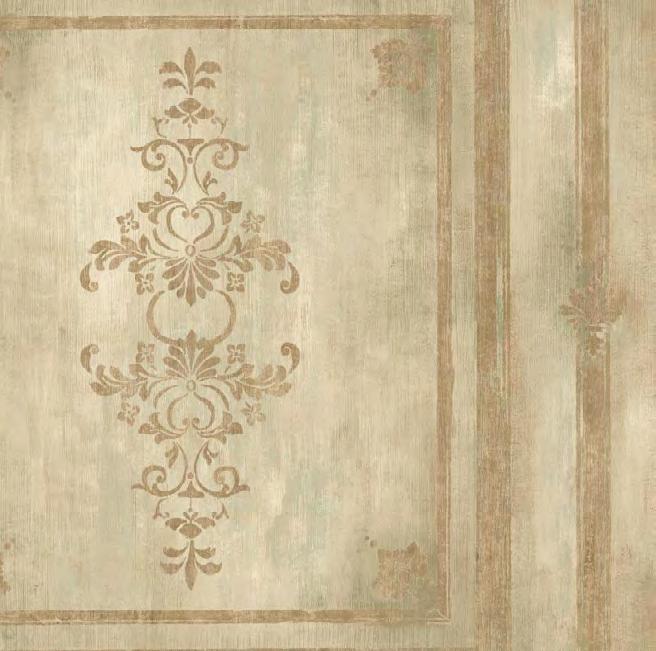 This wallcovering has vertical lines suggestive of minute cracks and patina occurring over the ages. The raised pattern has the warm charm of hand painting.
