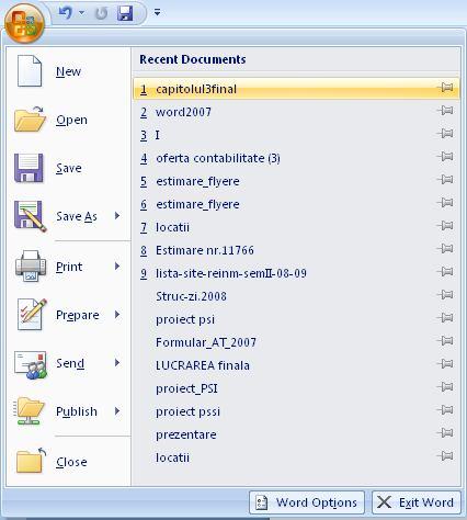 Fereastra programului (Figura 1) Microsoft Office Word 2007 conţine următoarele obiecte de control: Butonul Office; Bara instrumentelor pentru acces rapid; Bara de nume; Bara de meniu (conţine în mod