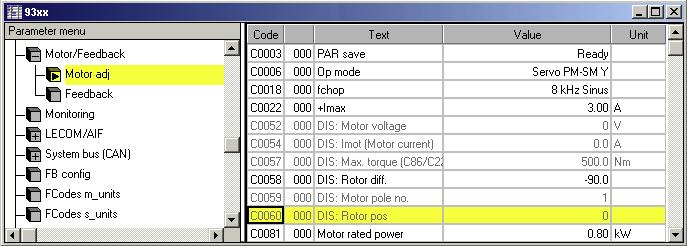 6 6.8 Commissioning Adjusting the rotor position Resolver polarity check Fig. 6.8 1 "Motor adj" menu of the parameter menu 9300std200 Procedure 1. Inhibit the controller (X5/28 = LOW). 2.