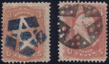 The fourth stamp shows a negative five-point star in a solid blue ink pentagon. The post office is unknown.